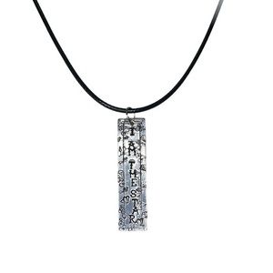 Handmade stamped motivational‎ silver rectangular  black leather cord necklace